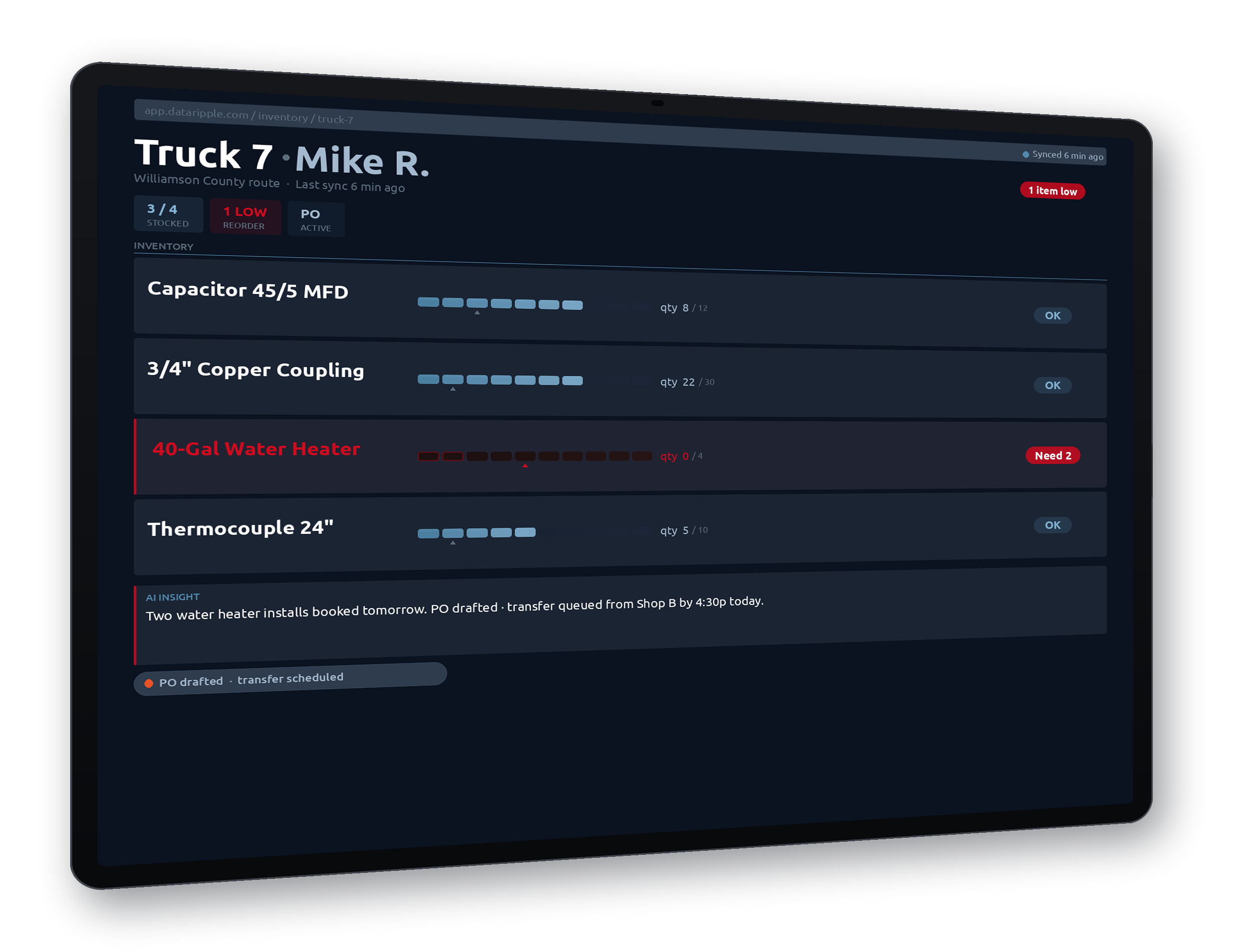DataRipple inventory — Truck 7 stock levels for Mike R. with a low water-heater alert and AI-drafted PO.