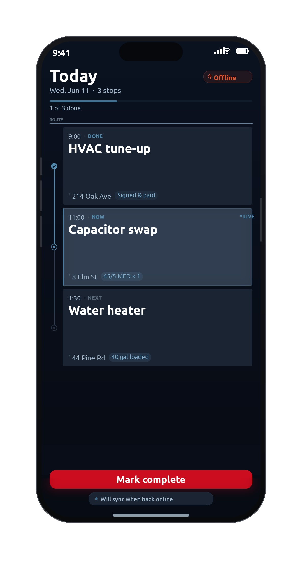 DataRipple technician app — today's route on a phone, working offline with a mark-complete action.