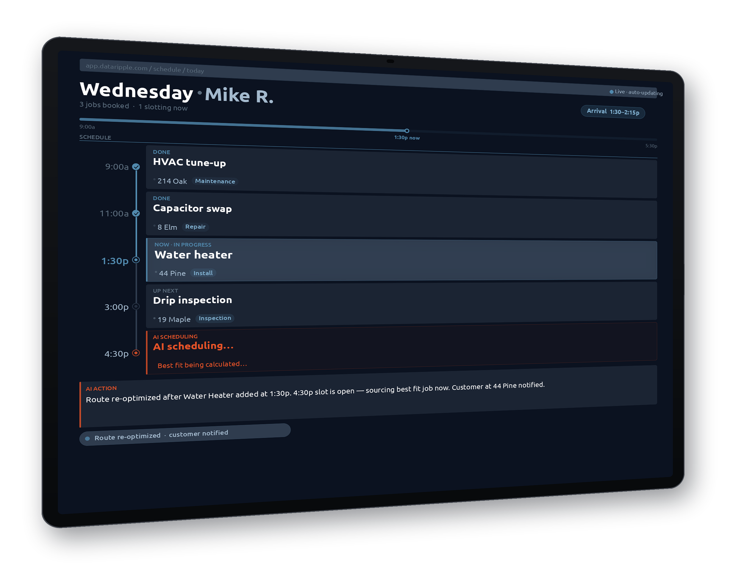 DataRipple job scheduling — Wednesday route for Mike R., auto-updating timeline with AI re-optimization.